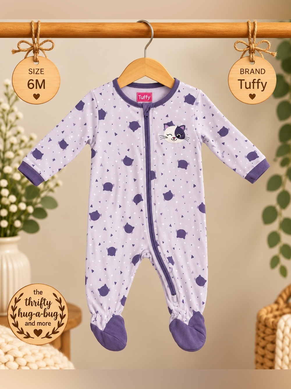 Tuffy Baby Cat Print Footed Sleeper Purple 6M